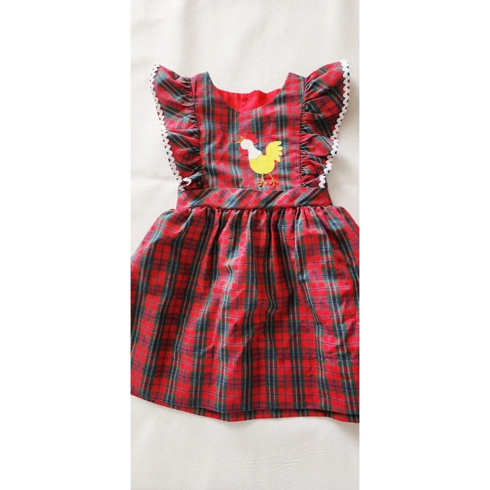 Vintage CHOCOLATE SOUP Farm Rooster Plaid Girls Red Dress Clothes - Sz 4
